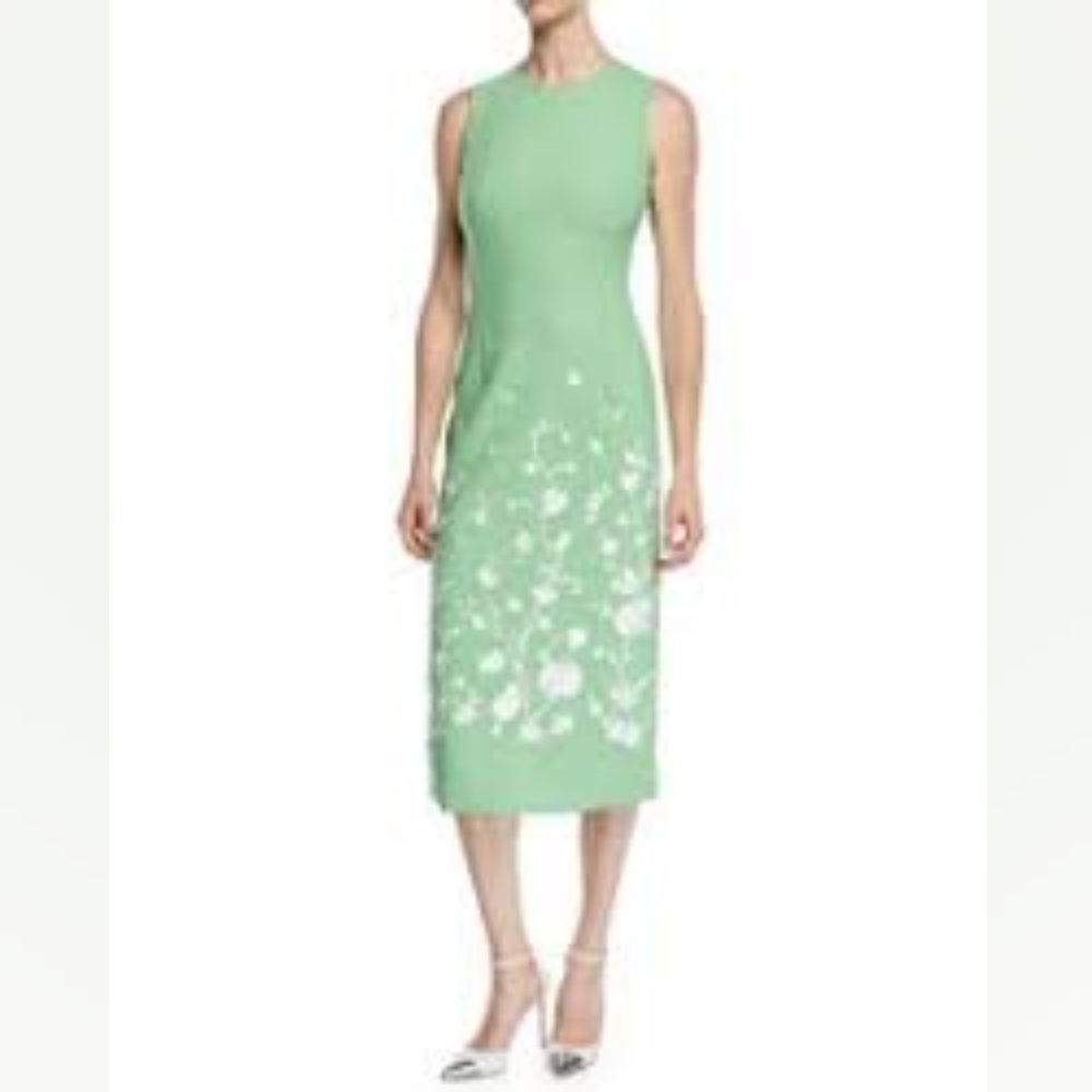 $4,000 OSCAR DE LA RENTA GREEN WHT WOOL FLORAL MIDI DRESS 8